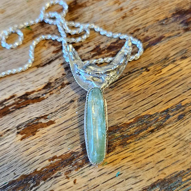 Handcrafted Rare Green Kyanite Pendant in Sterling Silver One of a Kind Earth Forged Talisman