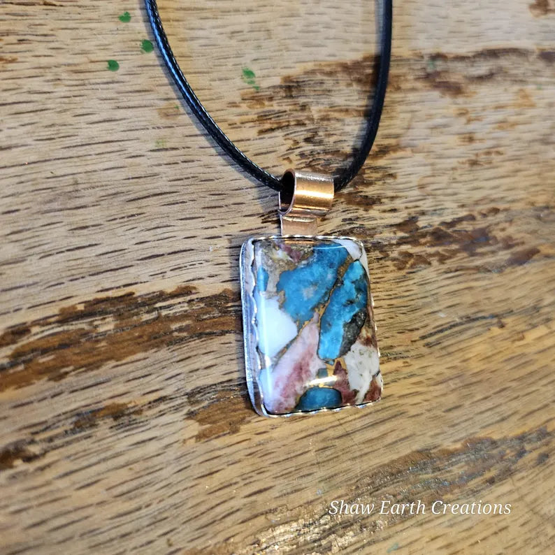 Handcrafted Turquoise, Bronze, and Spiny Oyster Composite Silver Necklace