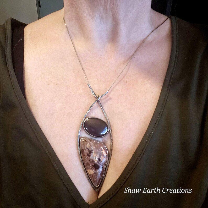 Handcrafted 44ct Garnet and Mexican Opal Sterling Silver Necklace
