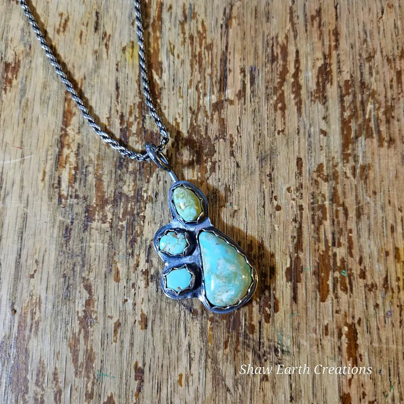 Handcut 17ctw Royston Turquoise Muti Stone Sterling Silver Necklace