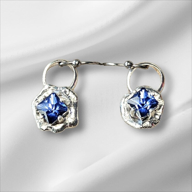 Handcut 2.3ct Lab Grown Blue Sapphire Sterling Silver Drop Earrings
