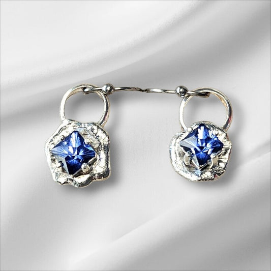 Handcut 2.3ct Lab Grown Blue Sapphire Sterling Silver Drop Earrings