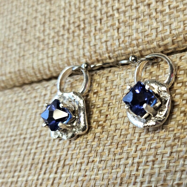 Handcut 2.3ct Lab Grown Blue Sapphire Sterling Silver Drop Earrings