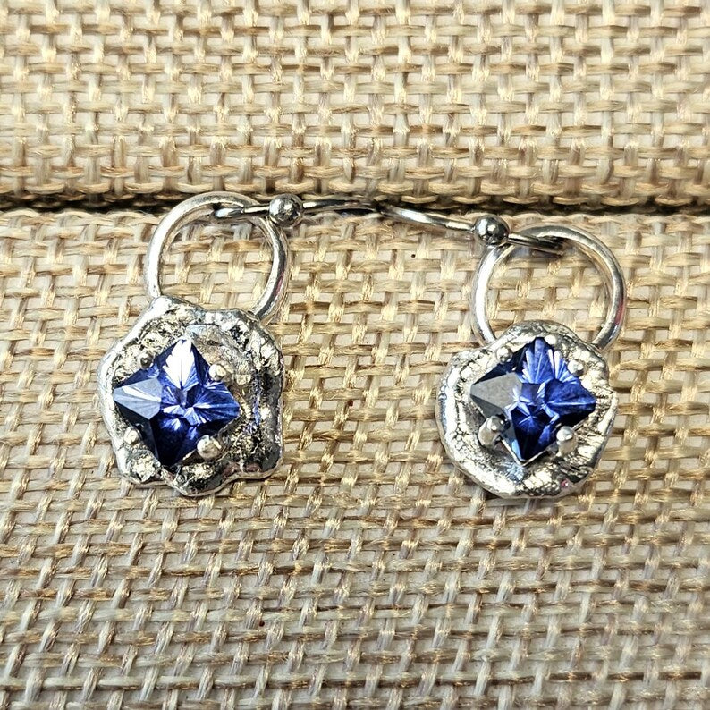 Handcut 2.3ct Lab Grown Blue Sapphire Sterling Silver Drop Earrings