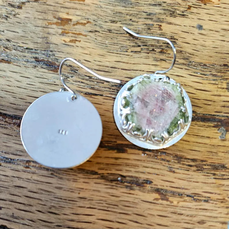 Handcut Watermelon Tourmaline Sterling Silver Earrings