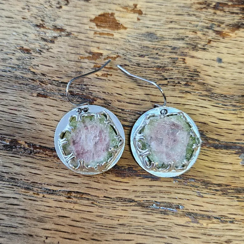 Handcut Watermelon Tourmaline Sterling Silver Earrings