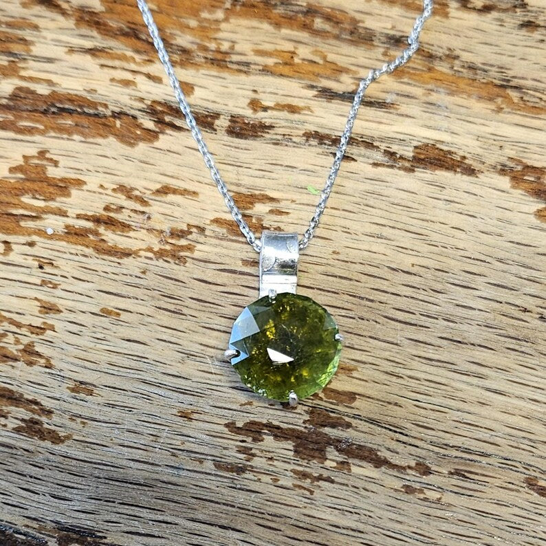 Handcut 7ct Green Tourmaline Sterling Silver Necklace