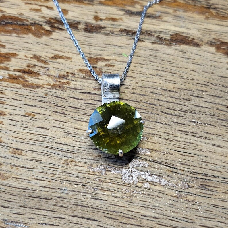 Handcut 7ct Green Tourmaline Sterling Silver Necklace