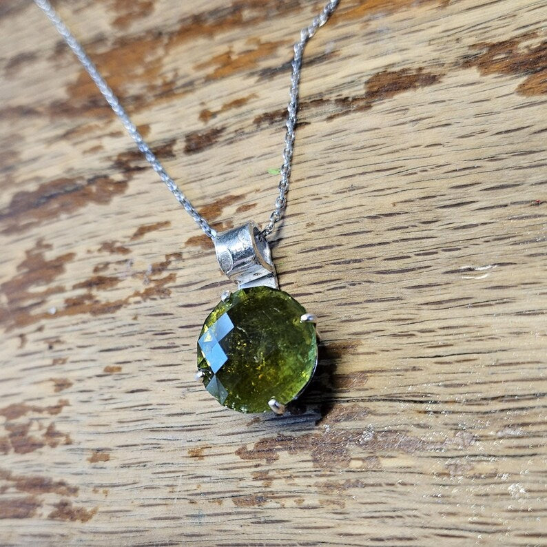 Handcut 7ct Green Tourmaline Sterling Silver Necklace