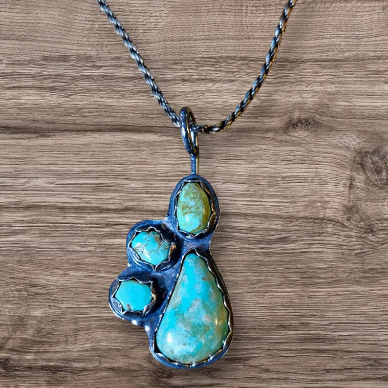 Handcut 17ctw Royston Turquoise Muti Stone Sterling Silver Necklace