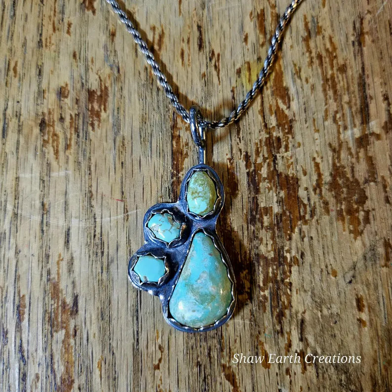 Handcut 17ctw Royston Turquoise Muti Stone Sterling Silver Necklace