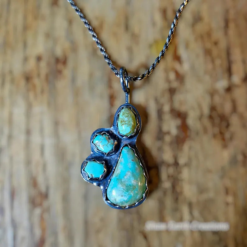 Handcut 17ctw Royston Turquoise Muti Stone Sterling Silver Necklace