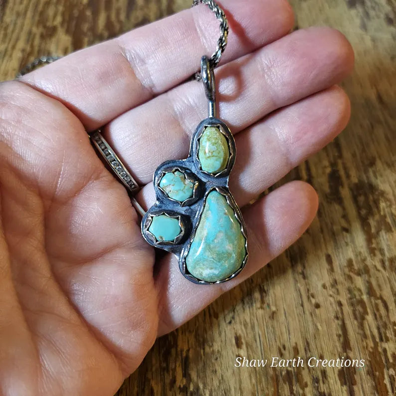 Handcut 17ctw Royston Turquoise Muti Stone Sterling Silver Necklace