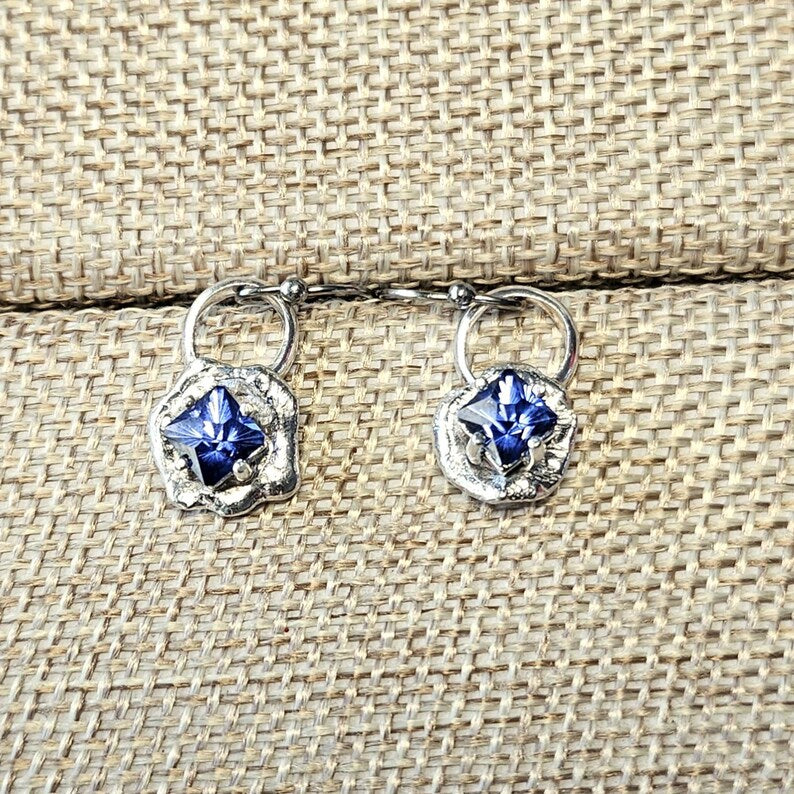 Handcut 2.3ct Lab Grown Blue Sapphire Sterling Silver Drop Earrings