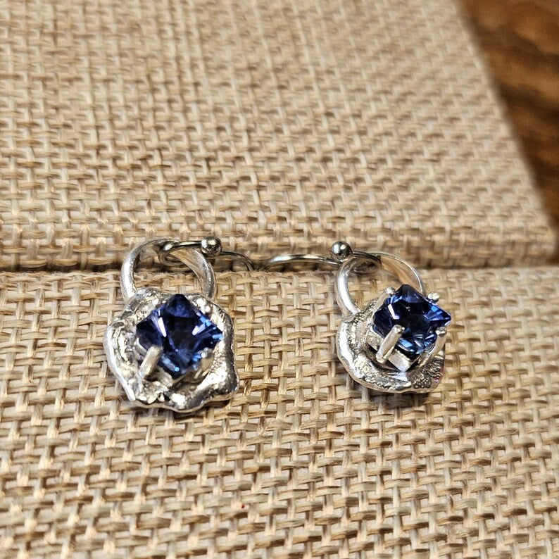 Handcut 2.3ct Lab Grown Blue Sapphire Sterling Silver Drop Earrings