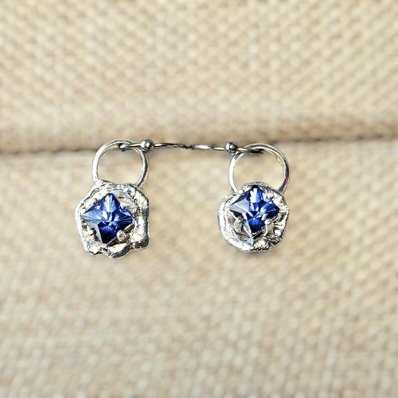 Handcut 2.3ct Lab Grown Blue Sapphire Sterling Silver Drop Earrings