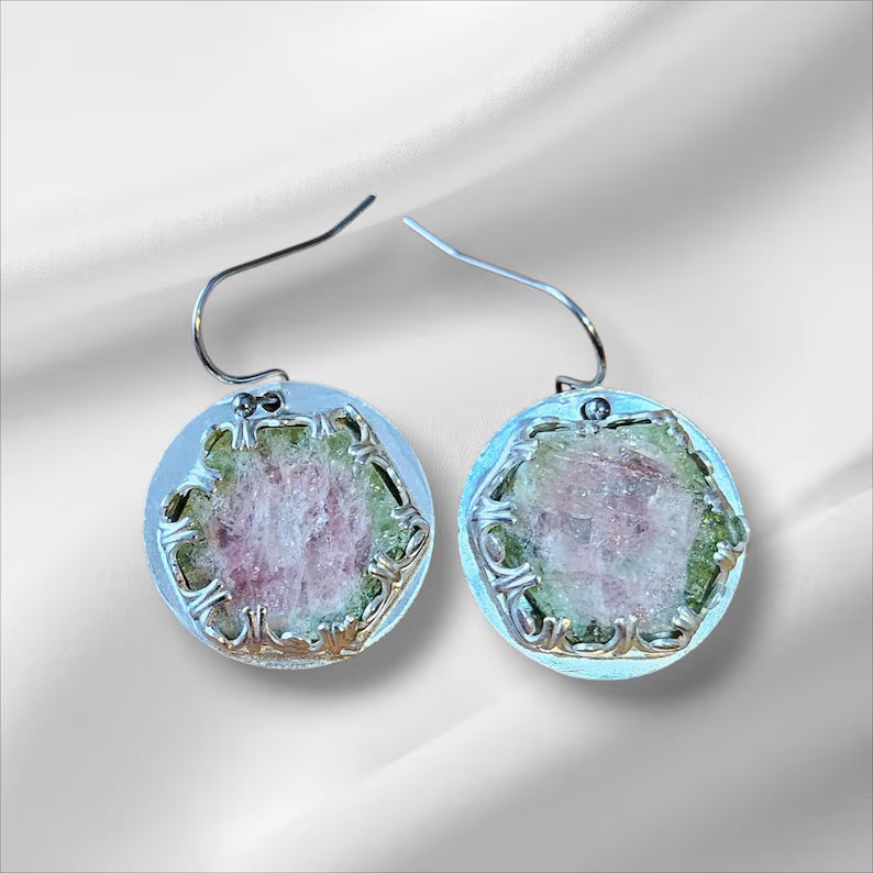 Handcut Watermelon Tourmaline Sterling Silver Earrings
