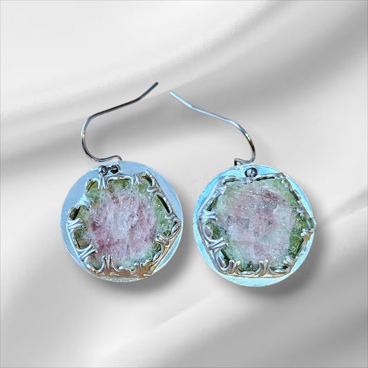 Handcut Watermelon Tourmaline Sterling Silver Earrings