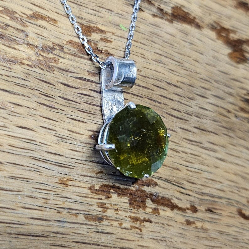 Handcut 7ct Green Tourmaline Sterling Silver Necklace