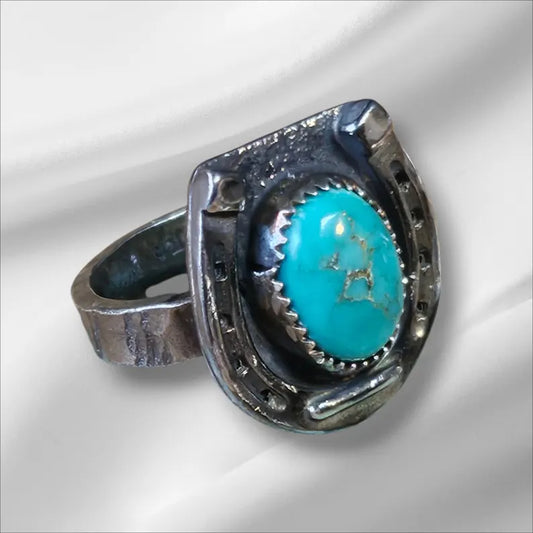 Genuine Handcut Royston Turquoise Ring, Handmade Sterling Silver Horseshoe Ring, Western Statement Jewelry