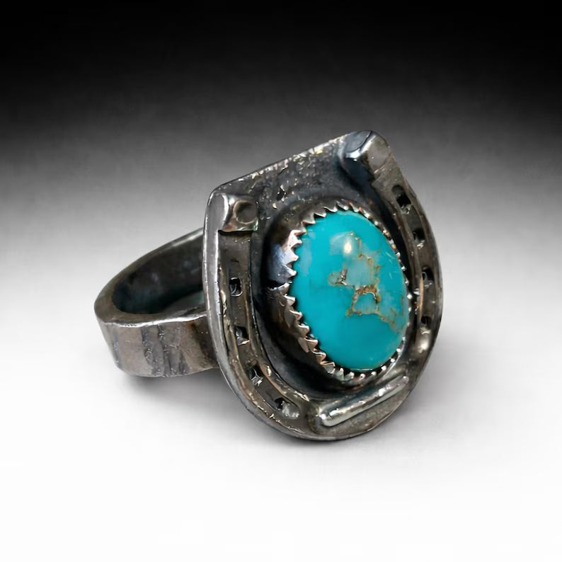 Genuine Handcut Royston Turquoise Ring, Handmade Sterling Silver Horseshoe Ring, Western Statement Jewelry