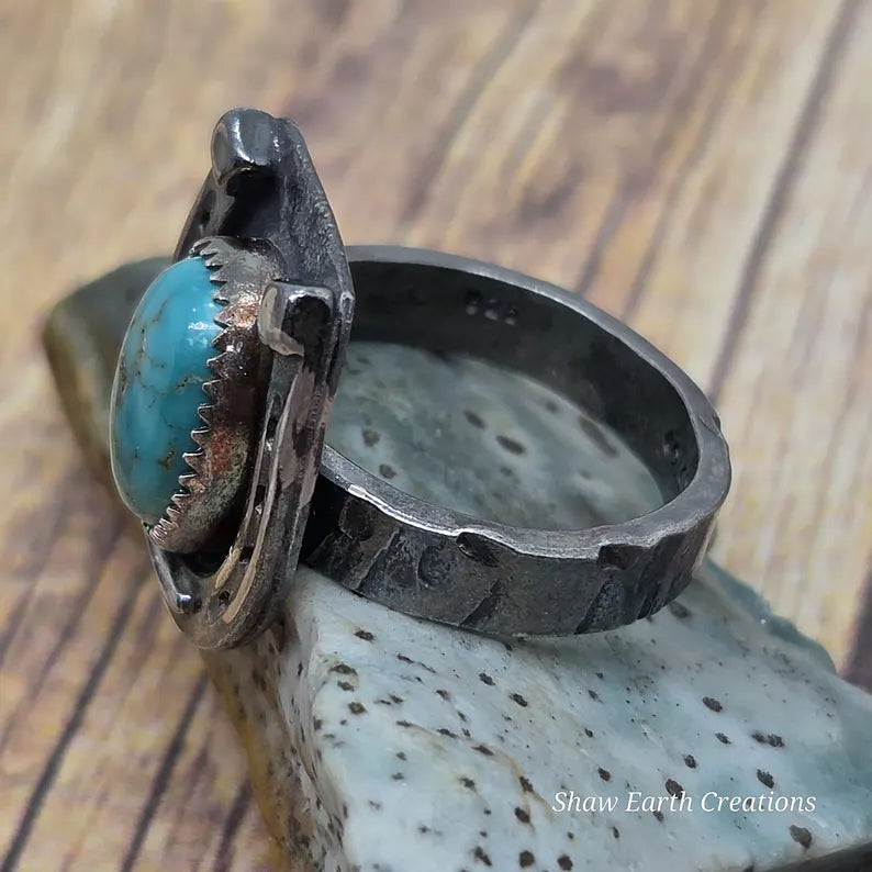 Genuine Handcut Royston Turquoise Ring, Handmade Sterling Silver Horseshoe Ring, Western Statement Jewelry