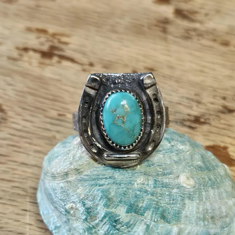 Genuine Handcut Royston Turquoise Ring, Handmade Sterling Silver Horseshoe Ring, Western Statement Jewelry