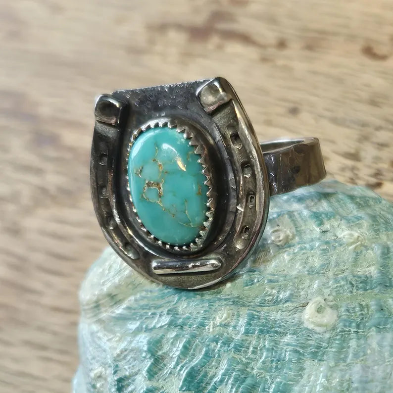 Genuine Handcut Royston Turquoise Ring, Handmade Sterling Silver Horseshoe Ring, Western Statement Jewelry
