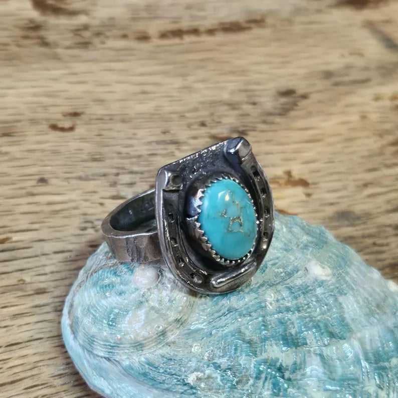 Genuine Handcut Royston Turquoise Ring, Handmade Sterling Silver Horseshoe Ring, Western Statement Jewelry