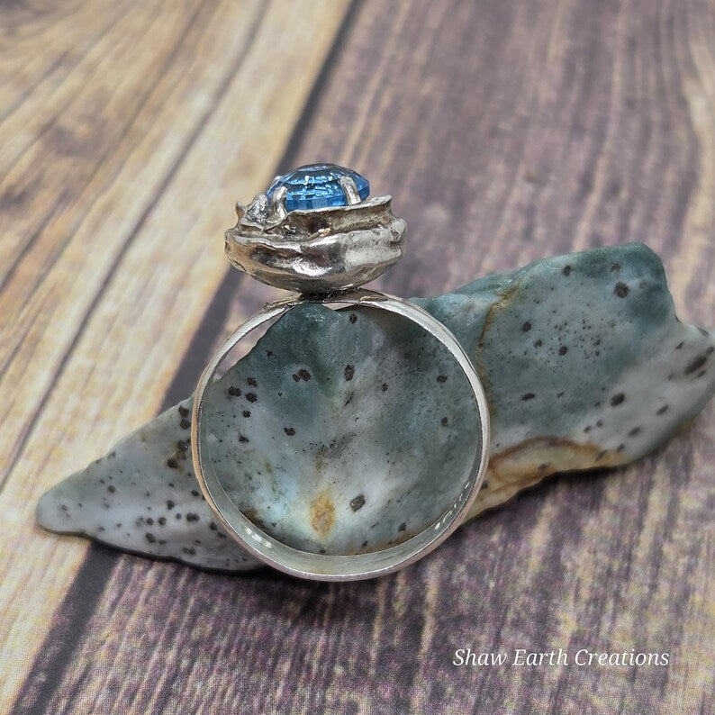 Genuine Blue Topaz Ring, Handmade Sterling Silver Solitaire Ring, 3.3 Carat Hand Faceted Blue Topaz Brutalist Statement Ring
