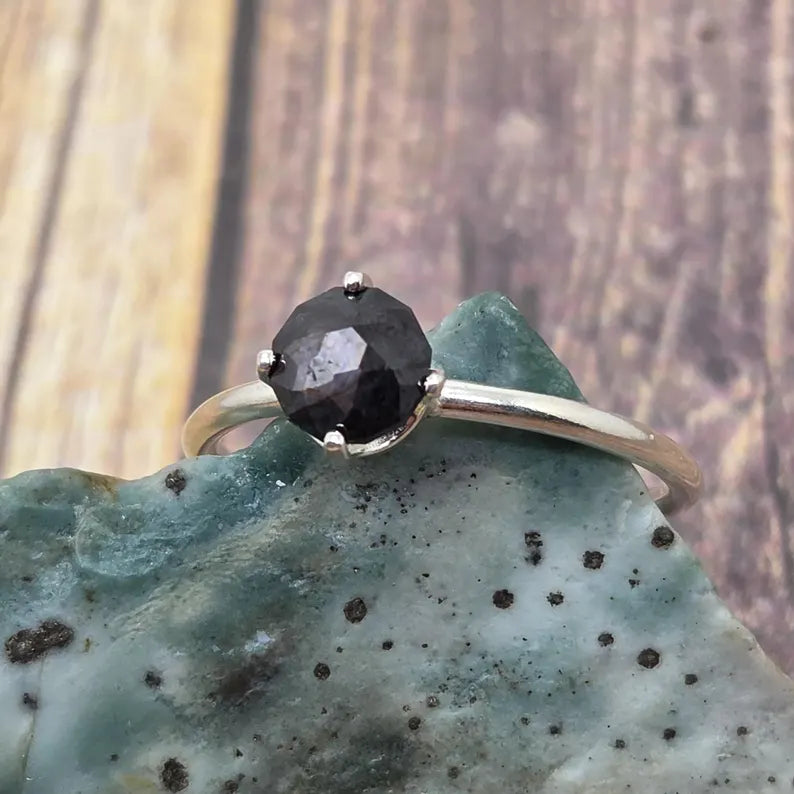 Genuine Handcut Shimmering Black Sapphire Ring, Handmade Sterling Silver Solitaire Ring, 1.4 Carat Hand Cut Gemstone Jewelry