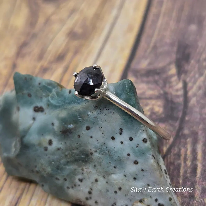 Genuine Handcut Shimmering Black Sapphire Ring, Handmade Sterling Silver Solitaire Ring, 1.4 Carat Hand Cut Gemstone Jewelry