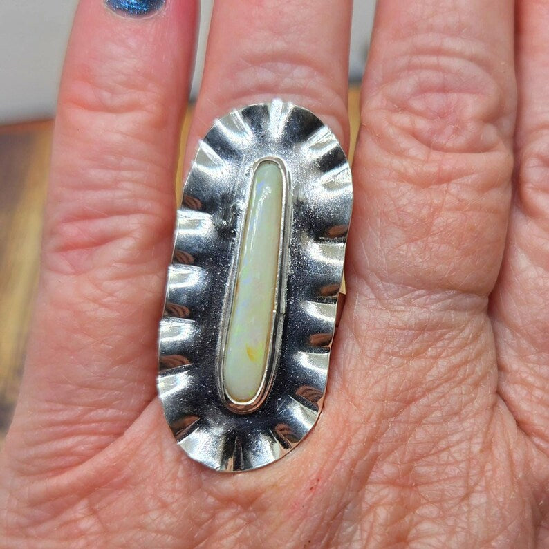 Genuine Handcut Australian Opal Ring, Handmade Sterling Silver Statement Ring, 3 Carat Hand Cut Opal Jewelry