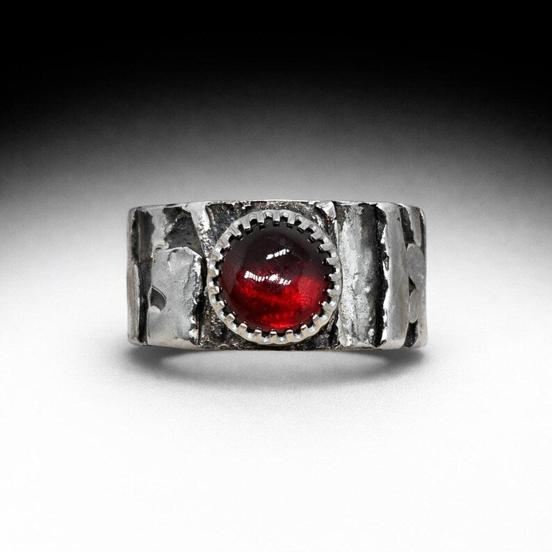 Genuine Handcut 3 carat Garnet Mens Ring, Handmade Sterling Silver Brutalist Ring, 3 Carat Statement Ring