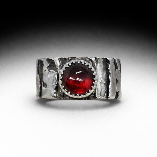 Genuine Handcut 3 carat Garnet Mens Ring, Handmade Sterling Silver Brutalist Ring, 3 Carat Statement Ring