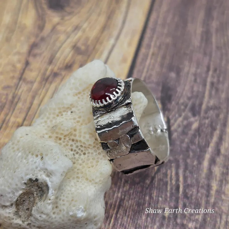 Genuine Handcut 3 carat Garnet Mens Ring, Handmade Sterling Silver Brutalist Ring, 3 Carat Statement Ring