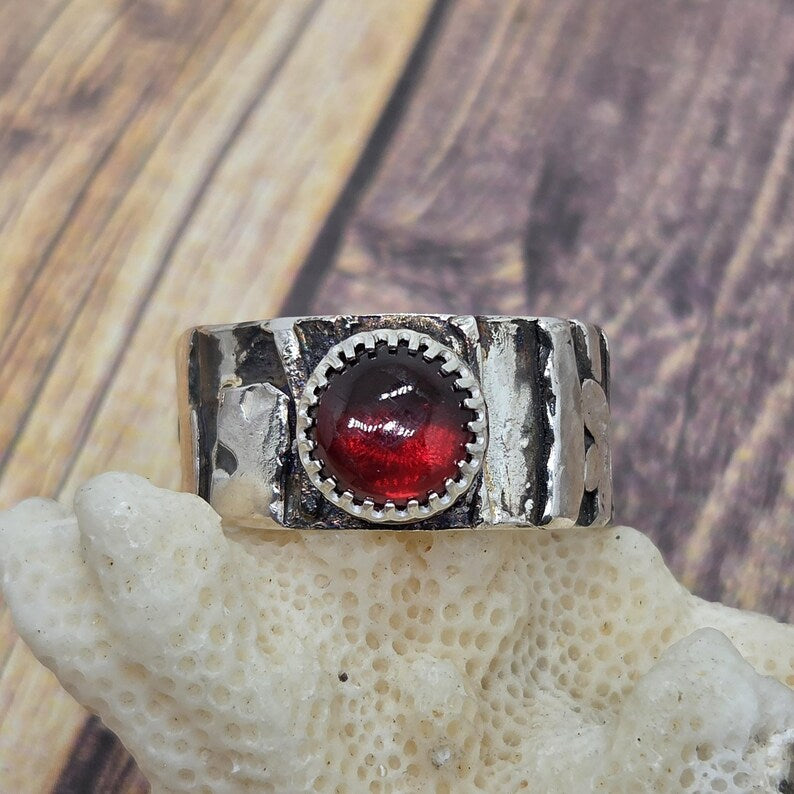 Genuine Handcut 3 carat Garnet Mens Ring, Handmade Sterling Silver Brutalist Ring, 3 Carat Statement Ring