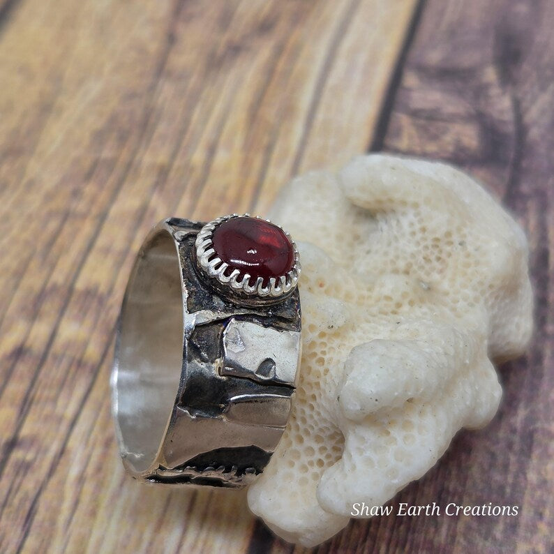 Genuine Handcut 3 carat Garnet Mens Ring, Handmade Sterling Silver Brutalist Ring, 3 Carat Statement Ring