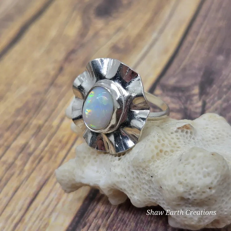 Genuine Australian Opal Ring, Handmade Sterling Silver Statement Ring, 3 Carat Hand Cut Opal Jewelry