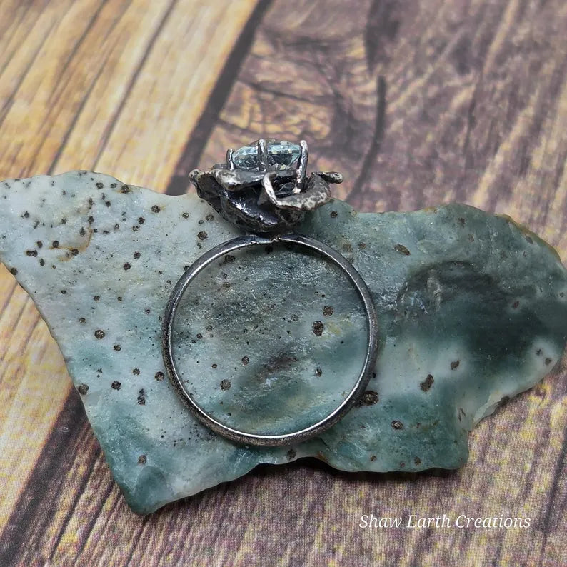 Handcut 1.75ct Aquamarine Brutalist Sterling Silver Ring