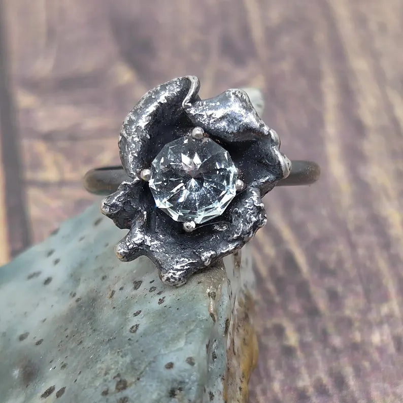 Handcut 1.75ct Aquamarine Brutalist Sterling Silver Ring
