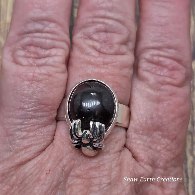 Genuine Garnet Spider Ring, Handmade Silver Gothic Ring, Dark Jewelry, Statement Ring