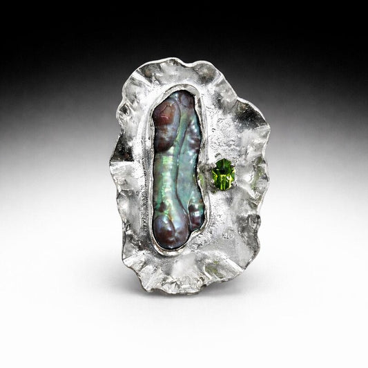 Genuine Freshwater Pearl and Genuine hand faceted Peridot Ring, Handmade Sterling Silver Brutalist Jewelry