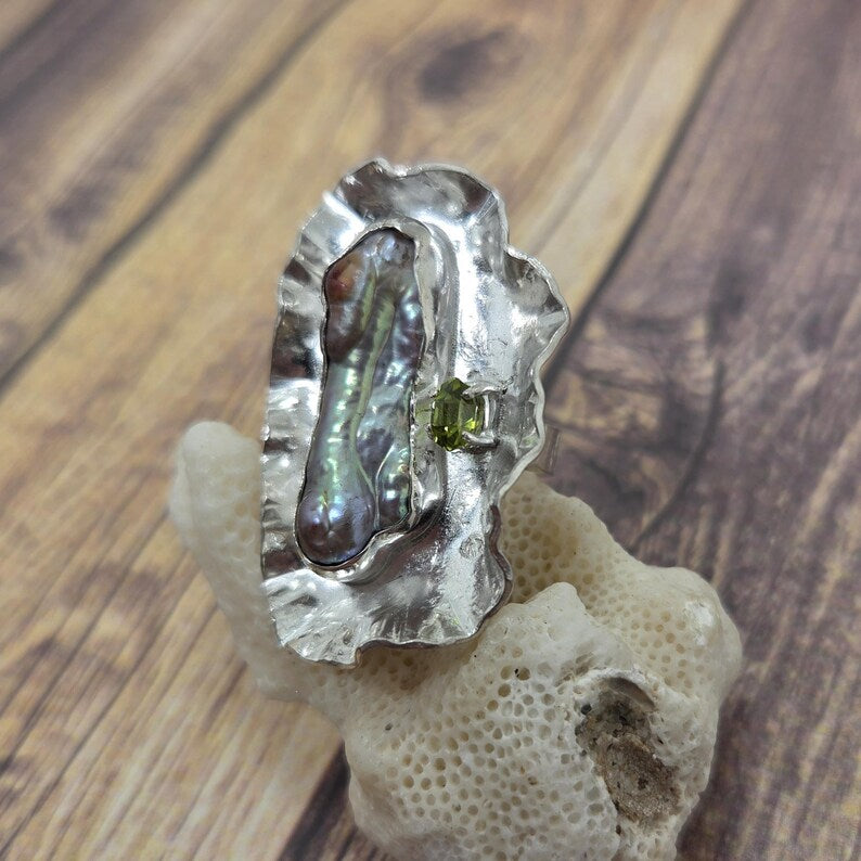 Genuine Freshwater Pearl and Genuine hand faceted Peridot Ring, Handmade Sterling Silver Brutalist Jewelry