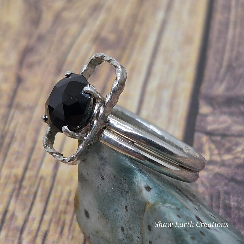 Genuine Hand Faceted Black Spinel Statement Ring, Handmade Silver Ring, Bold Minimalist Jewelry