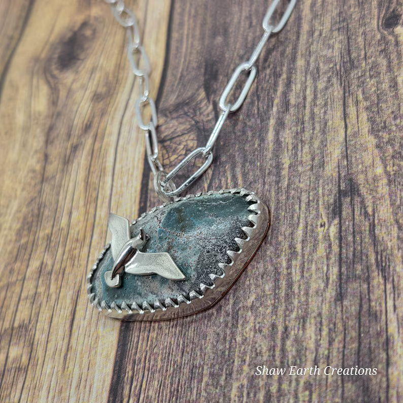 Handcut Bisbee Turquoise Seagull Sterling Silver Necklace