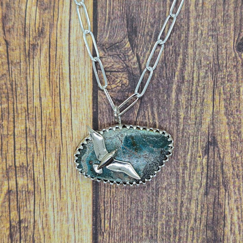Handcut Bisbee Turquoise Seagull Sterling Silver Necklace