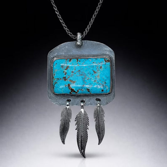 Handcut Campitos Turquoise Feather Sterling Silver Necklace