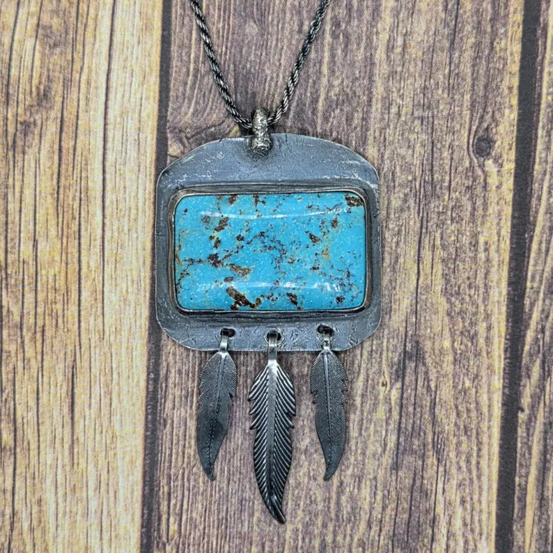 Handcut Campitos Turquoise Feather Sterling Silver Necklace
