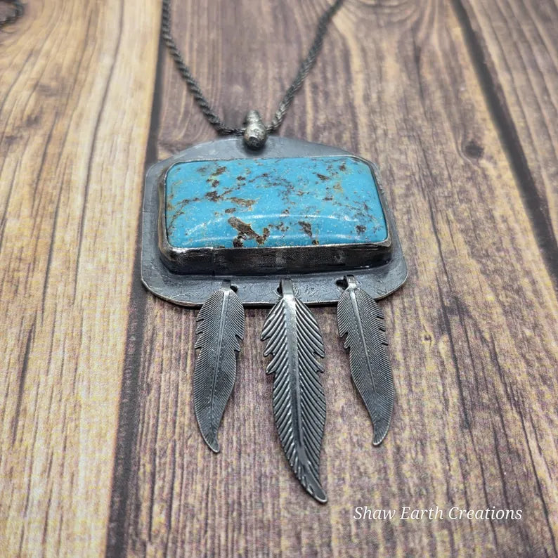 Handcut Campitos Turquoise Feather Sterling Silver Necklace